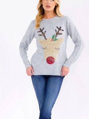 TRES CHIC Women's Grey Christmas Foil Sequin Reindeer Holiday Sweater Size M